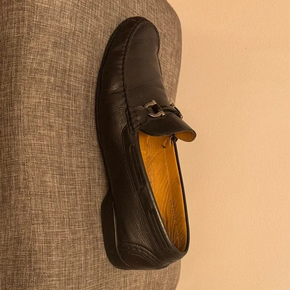Salvatore Ferragamo Black Leather Loafers with Silver Accents